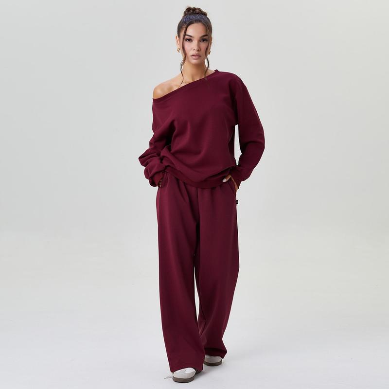 💘 Valentine’s Day Sale 💘Women's casual solid-color scoop-neck long-sleeved top and wide-leg pants set, comfortable curved-neck loose two-piece clothing set
