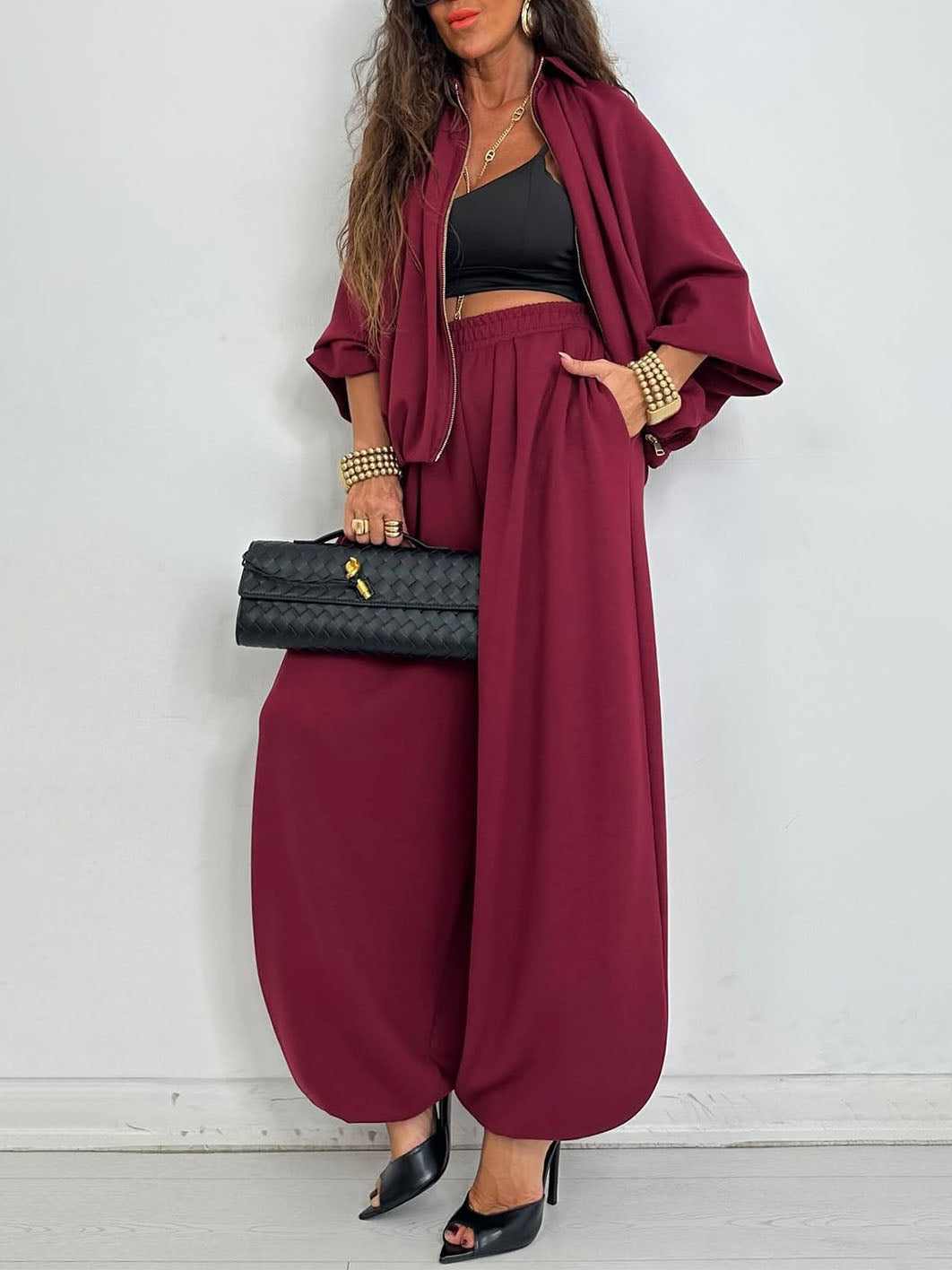 Casual Zipper Cardigan + Bloomer Pants Set