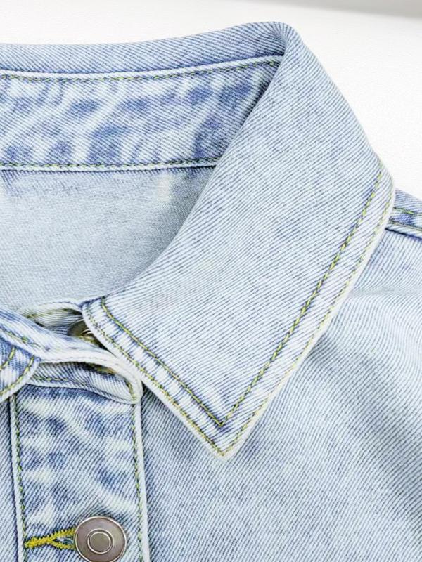 Women's Plain Button Front Drop Shoulder Curved Hem Denim Jacket
