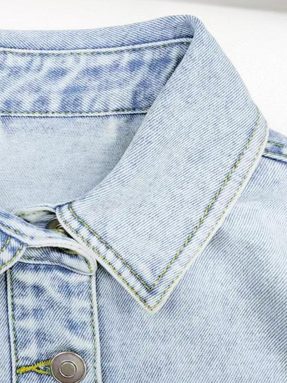 Women's Plain Button Front Drop Shoulder Curved Hem Denim Jacket