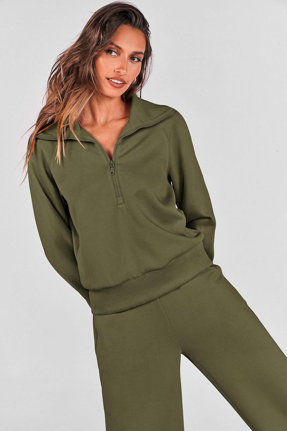 Women's Outfits Casual Lapel Half Zip Sweatshirts And Wide Leg Pants Tracksuit Sets