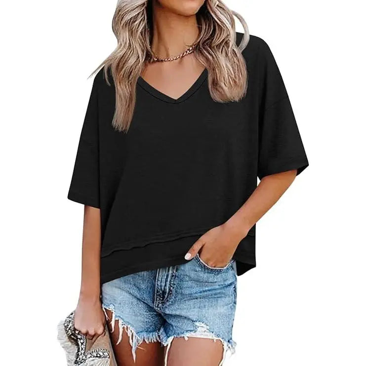 Womens Short Sleeve Shirts Summer V Neck Casual Top