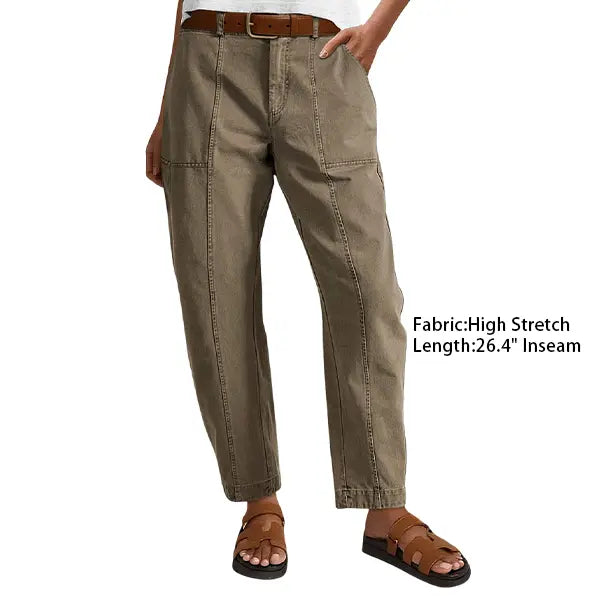 Solid Stitch Detail Mid Waist Baby Barrel Fit Deep Pockets Pants