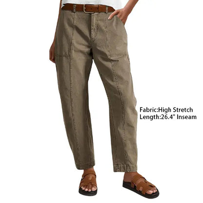 Solid Stitch Detail Mid Waist Baby Barrel Fit Deep Pockets Pants