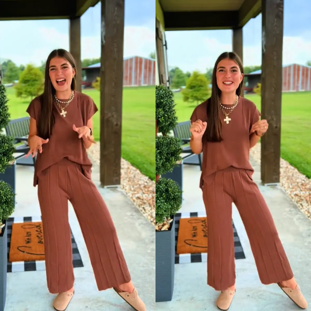 Women Two Piece Outfits Knit Cap Sleeve Tops Wide Leg Pleated Pants