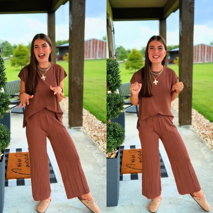 Women Two Piece Outfits Knit Cap Sleeve Tops Wide Leg Pleated Pants
