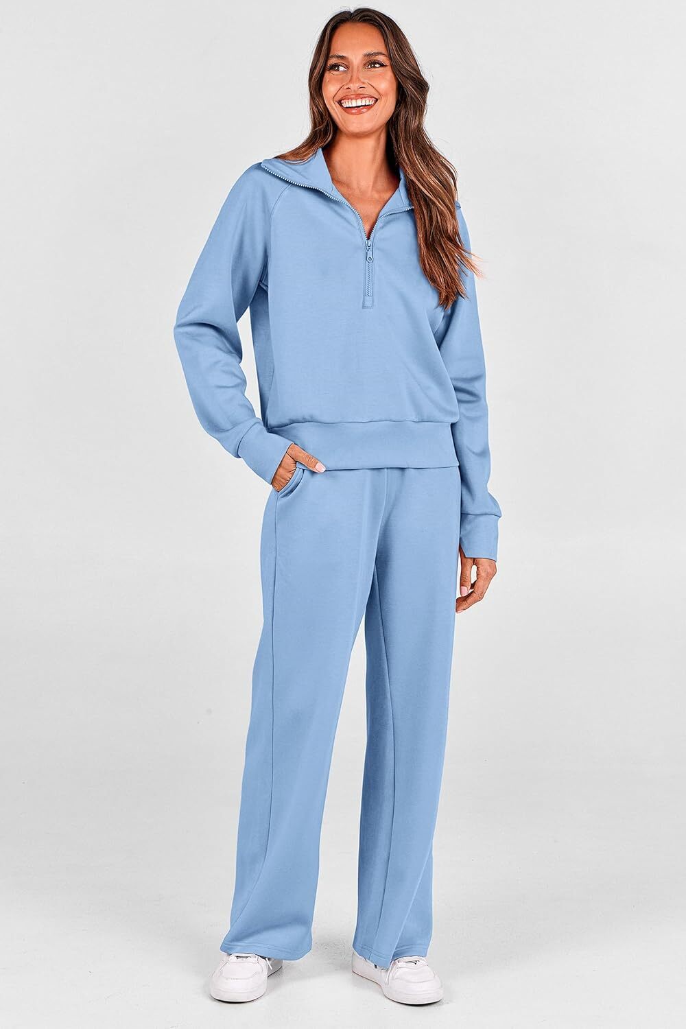 Women's Outfits Casual Lapel Half Zip Sweatshirts And Wide Leg Pants Tracksuit Sets