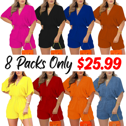 Women's Plain Drawstring Shirred Waist Fitted V Neck Romper