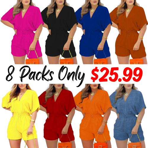 Women's Plain Drawstring Shirred Waist Fitted V Neck Romper