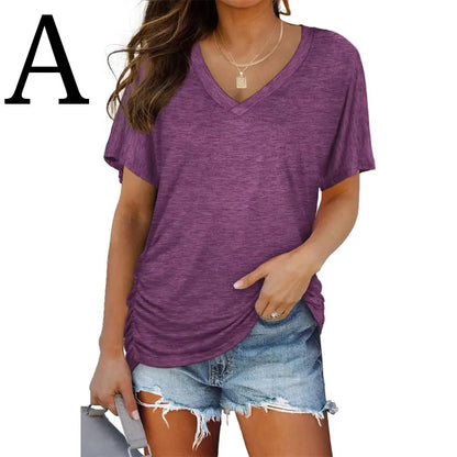 Last day discount🔥🔥Womens Short Sleeve V Neck Dolman Tops with Side Shirring