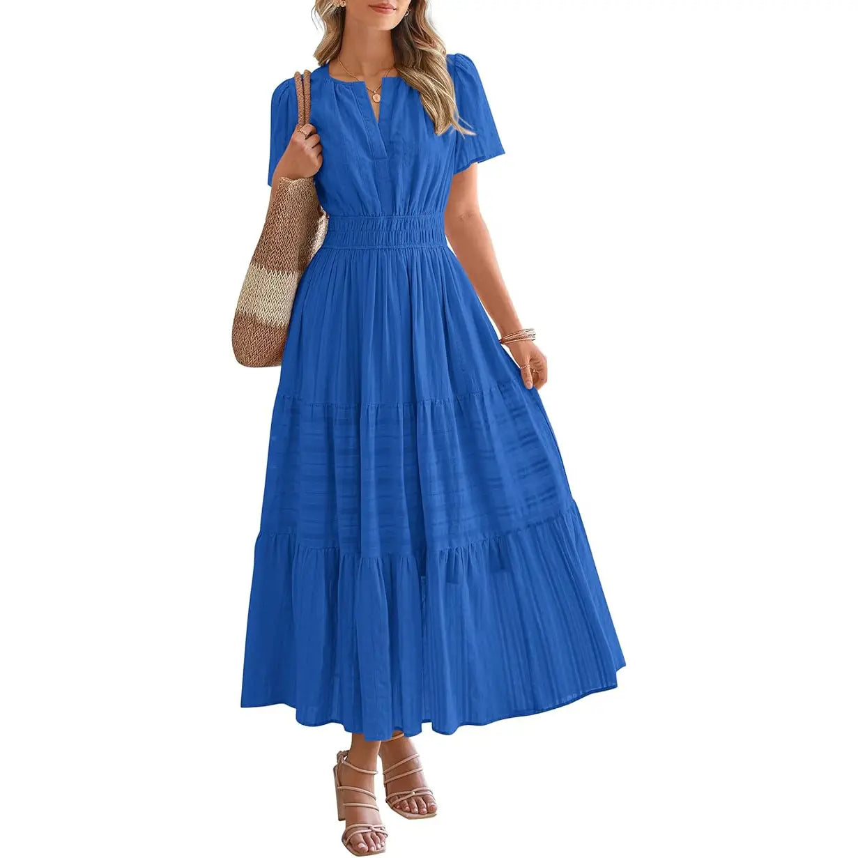 Women's Summer 2026 Casual Maxi Dress Lightweight Short Sleeve V Neck Boho Dress with Pockets
