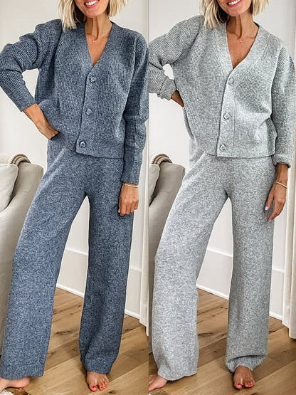 Last day discount- Solid Textured Knit Button Cardigan & Pants Set