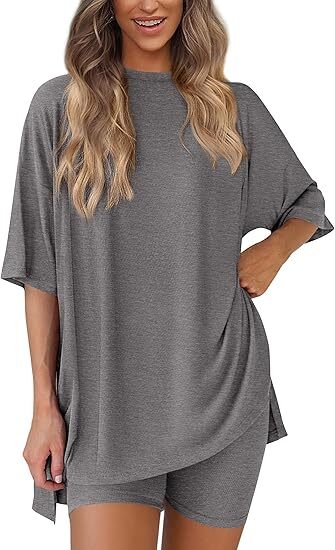 🔥Women's Two Piece Lounge Set Summer Casual Oversized Shirts Biker Shorts Matching Airport Travel Outfit