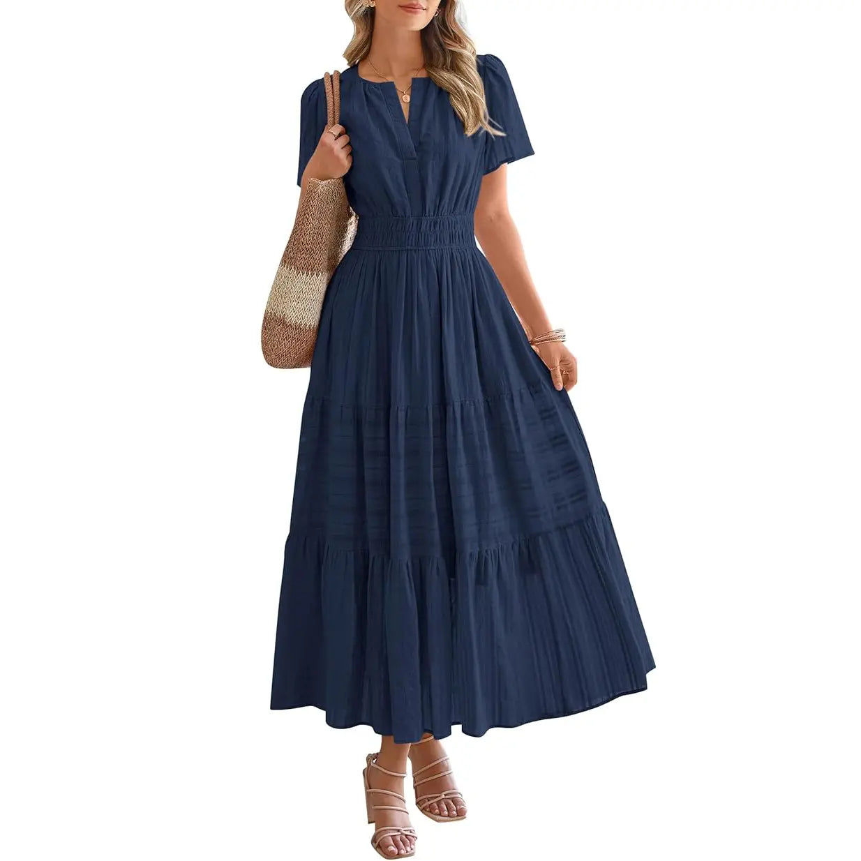 Women's Summer 2026 Casual Maxi Dress Lightweight Short Sleeve V Neck Boho Dress with Pockets
