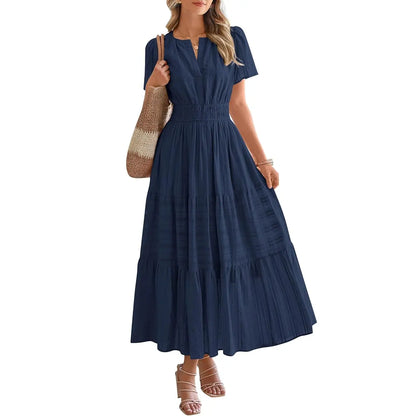 Women's Summer 2026 Casual Maxi Dress Lightweight Short Sleeve V Neck Boho Dress with Pockets
