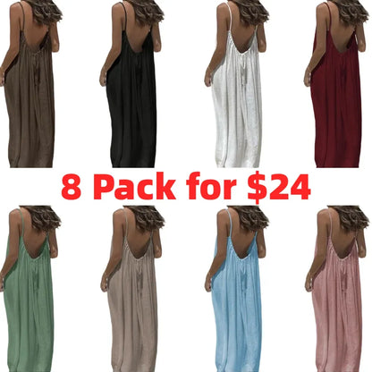 Women's Cotton Linen Backless Loose Dress