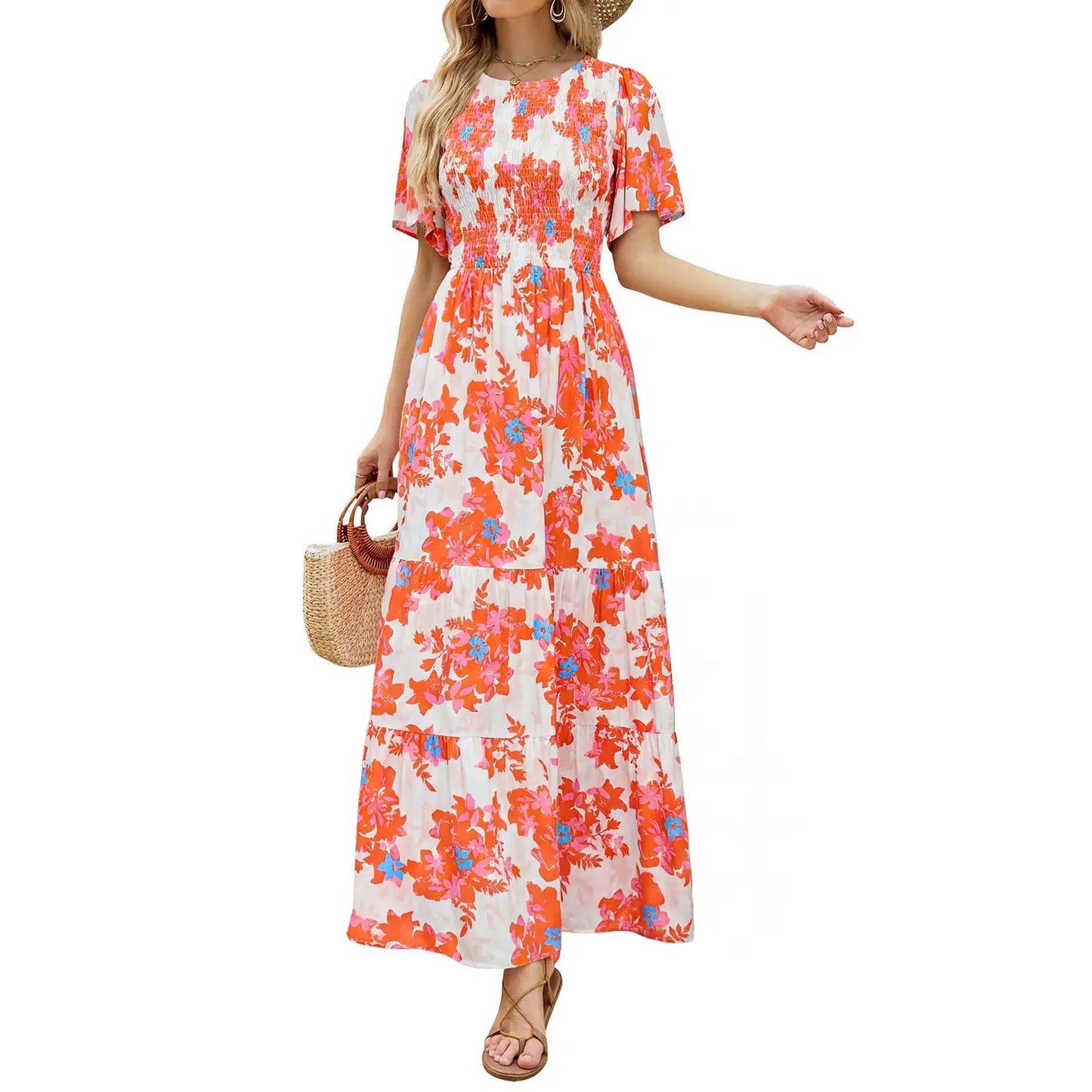 Floral Print Short Flutter Sleeve Crew Neck High Waist Flowy Maxi Dress