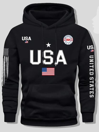 USA Flag Print Hoodie Men's Fleece Sweatshirt