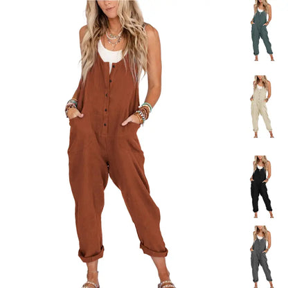 Womens Overalls Cotton Linen Loose Jumpsuits
