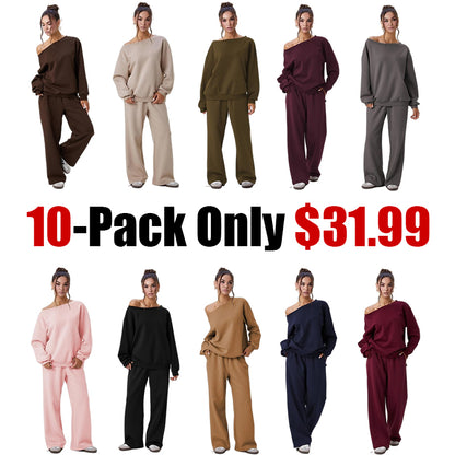 💘 Valentine’s Day Sale 💘Women's casual solid-color scoop-neck long-sleeved top and wide-leg pants set, comfortable curved-neck loose two-piece clothing set