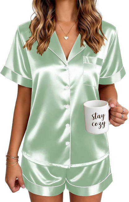 🔥Women's Silk Pajamas for Women Short Sleeve Button Down Sleepwear