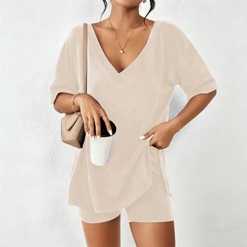 V-neck Two-Piece Pajama Set For Women Summer Casual Oversized Split Hem Shirts