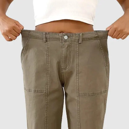 Solid Stitch Detail Mid Waist Baby Barrel Fit Deep Pockets Pants