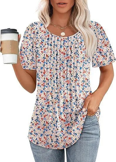 Women's T Shirts Short Sleeve Pleated Dressy Casual Scooped Neck Summer Tops Blouses