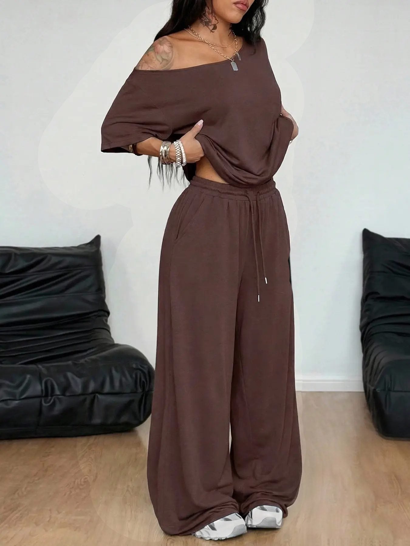 Loose Baggy Off Shoulder T-Shirt And Wide Leg Pants Two Pieces Outfits