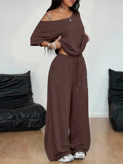 Loose Baggy Off Shoulder T-Shirt And Wide Leg Pants Two Pieces Outfits