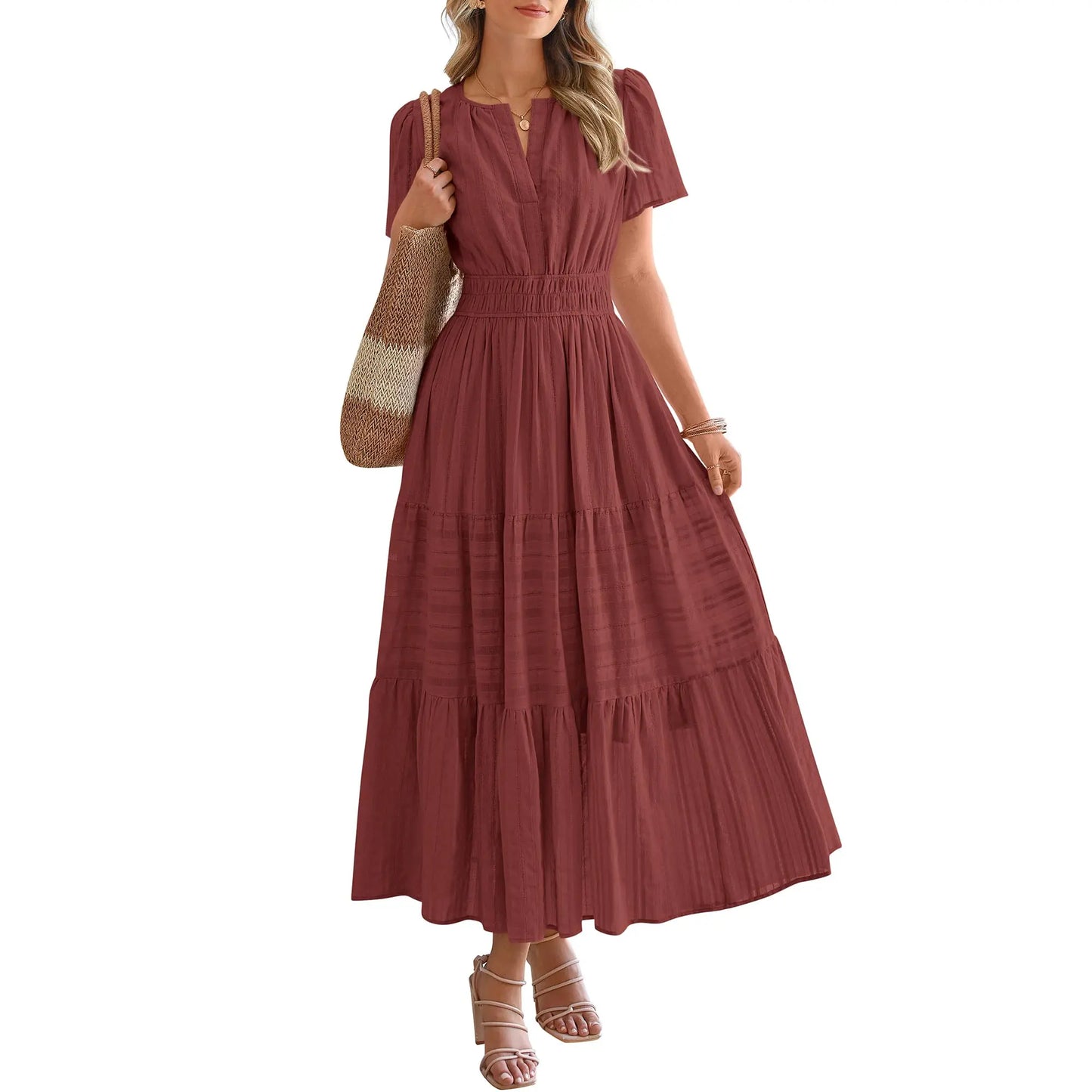 Women's Summer 2026 Casual Maxi Dress Lightweight Short Sleeve V Neck Boho Dress with Pockets