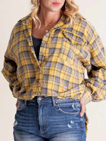 ⏰Hot Sale-Women's Seams Raw Edge Washed Oversized Shirt Jacket with Pockets 🔥New arrivals at special price🔥
