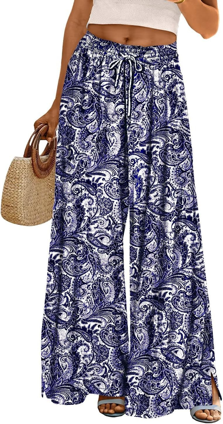Women Summer Flowy Wide Leg Pants Drawstring Elastic Waist Casual Lounge Beach Palazzo Trouser with Pockets