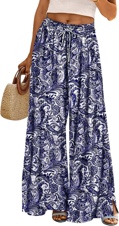 Women Summer Flowy Wide Leg Pants Drawstring Elastic Waist Casual Lounge Beach Palazzo Trouser with Pockets