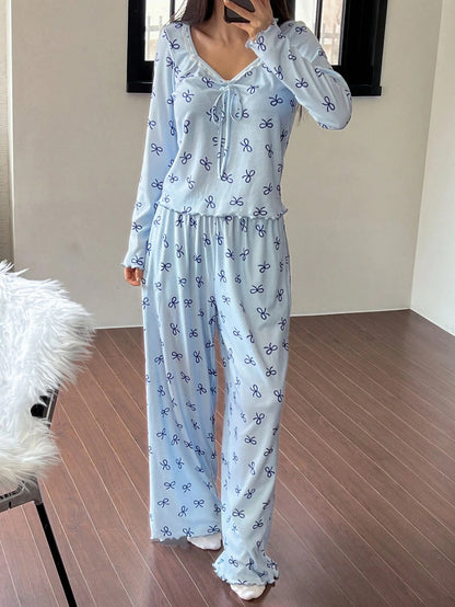 Women's Bow Print Long-Sleeve Lounge Pajama Set