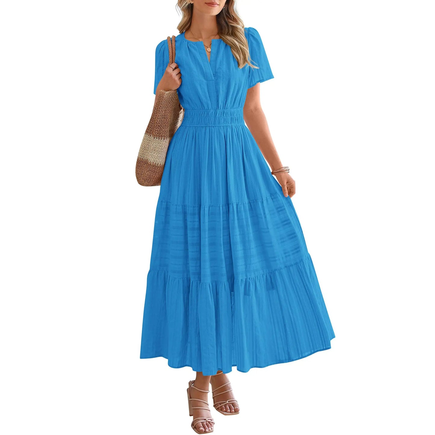 Women's Summer 2026 Casual Maxi Dress Lightweight Short Sleeve V Neck Boho Dress with Pockets