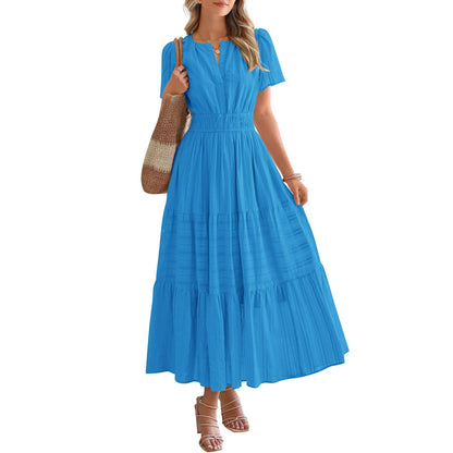 Women's Summer 2026 Casual Maxi Dress Lightweight Short Sleeve V Neck Boho Dress with Pockets