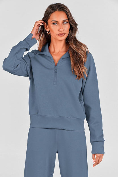 Women's Outfits Casual Lapel Half Zip Sweatshirts And Wide Leg Pants Tracksuit Sets