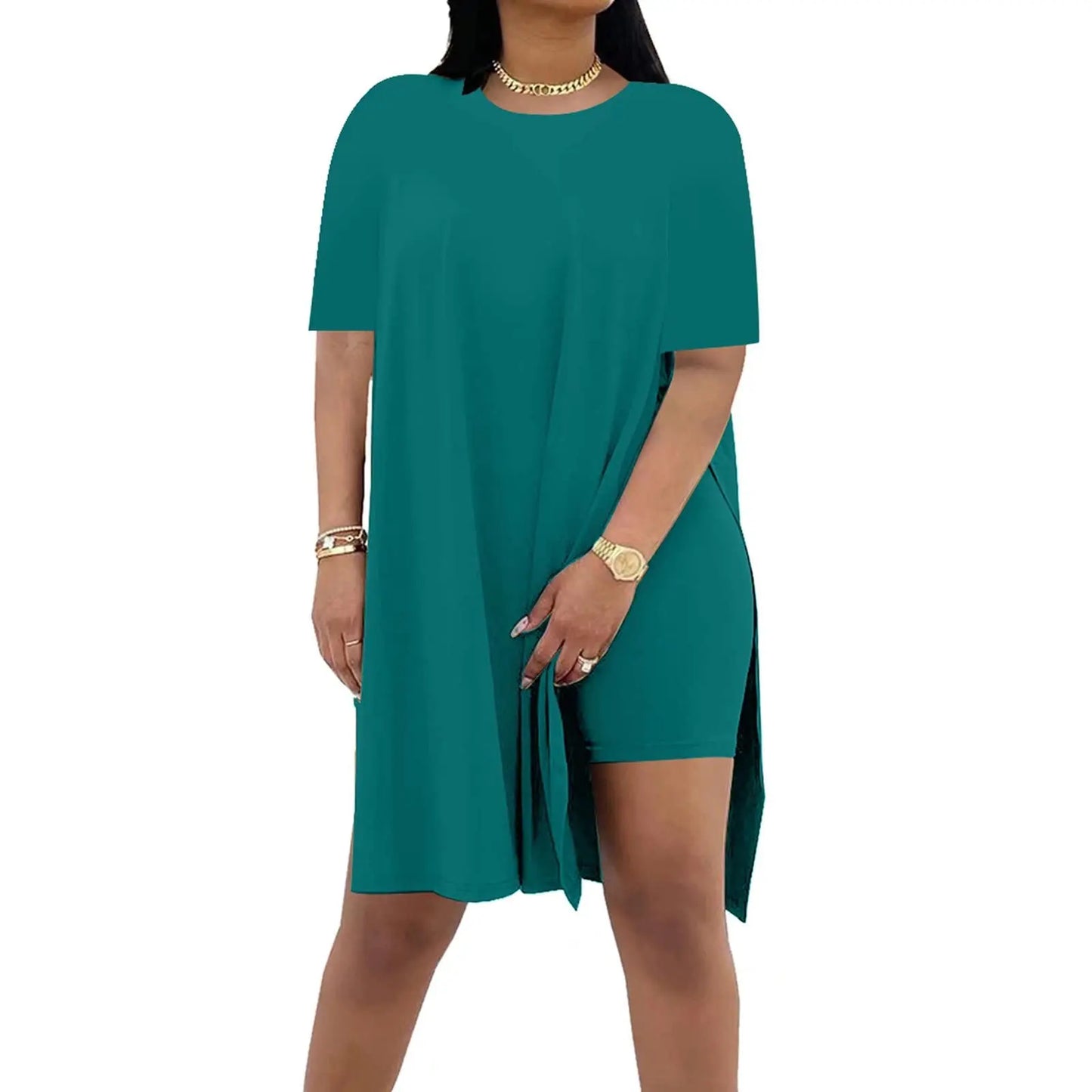 Plus Size Summer Outfit Side Slit Tunic Top & Biker Shorts Set