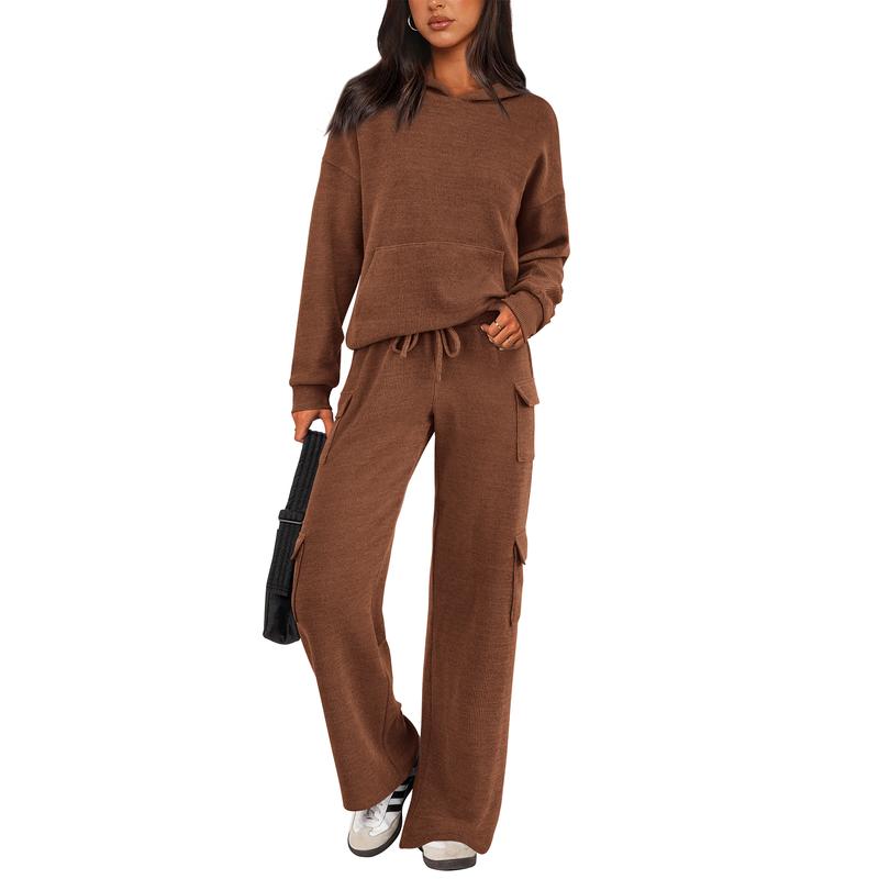 Women's Navy Blue Knitted Sets Hoodie & Wide Leg Pants with Pockets Drawstring Long Sleeve Loungewear Tracksuits Basic Fitted Clothes