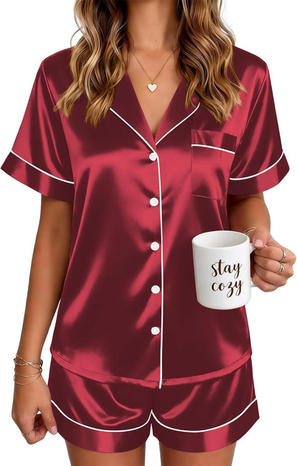 🔥Women's Silk Pajamas for Women Short Sleeve Button Down Sleepwear