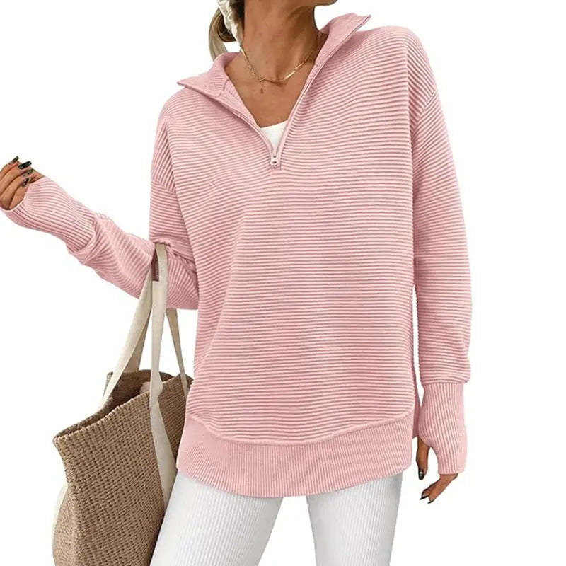 Women's Long Sleeve Quarter Zip Pullover Sweater Casual Loose V Neck Collared Ribbed Knit Jumper Tops Thumb Hole Cozy Ribbed Knit Soft Warm Trendy Colors for Every Season