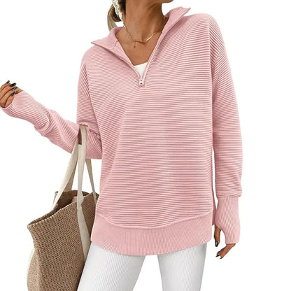 Women's Long Sleeve Quarter Zip Pullover Sweater Casual Loose V Neck Collared Ribbed Knit Jumper Tops Thumb Hole Cozy Ribbed Knit Soft Warm Trendy Colors for Every Season