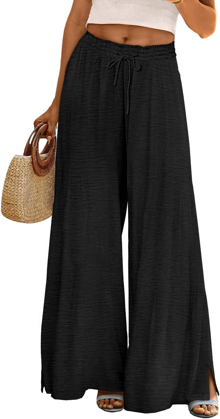 Women Summer Flowy Wide Leg Pants Drawstring Elastic Waist Casual Lounge Beach Palazzo Trouser with Pockets