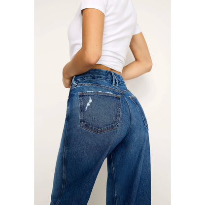 Women's High Waisted Frayed Hem Wide Leg Jeans
