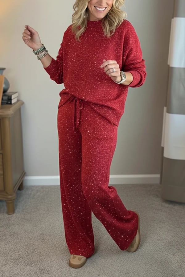 Women Round Neck Hot Diamond Flash Solid Color Casual Suit