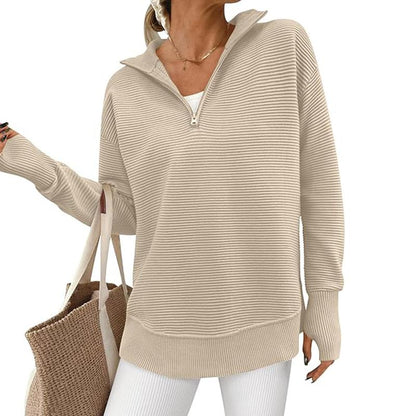 Women's Long Sleeve Quarter Zip Pullover Sweater Casual Loose V Neck Collared Ribbed Knit Jumper Tops Thumb Hole Cozy Ribbed Knit Soft Warm Trendy Colors for Every Season