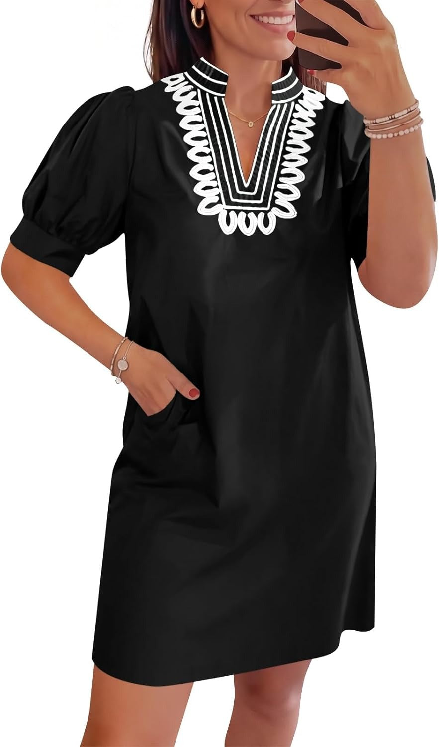 Womens Summer V Neck Shift Dresses Puff Short Sleeve Casual Dress
