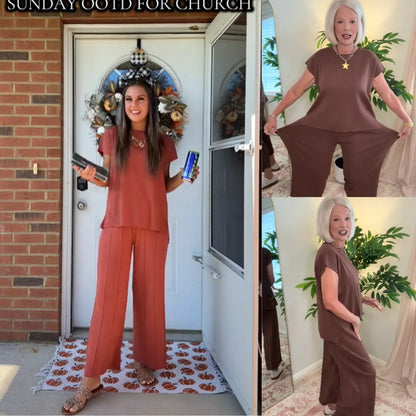 Women Two Piece Outfits Knit Cap Sleeve Tops Wide Leg Pleated Pants