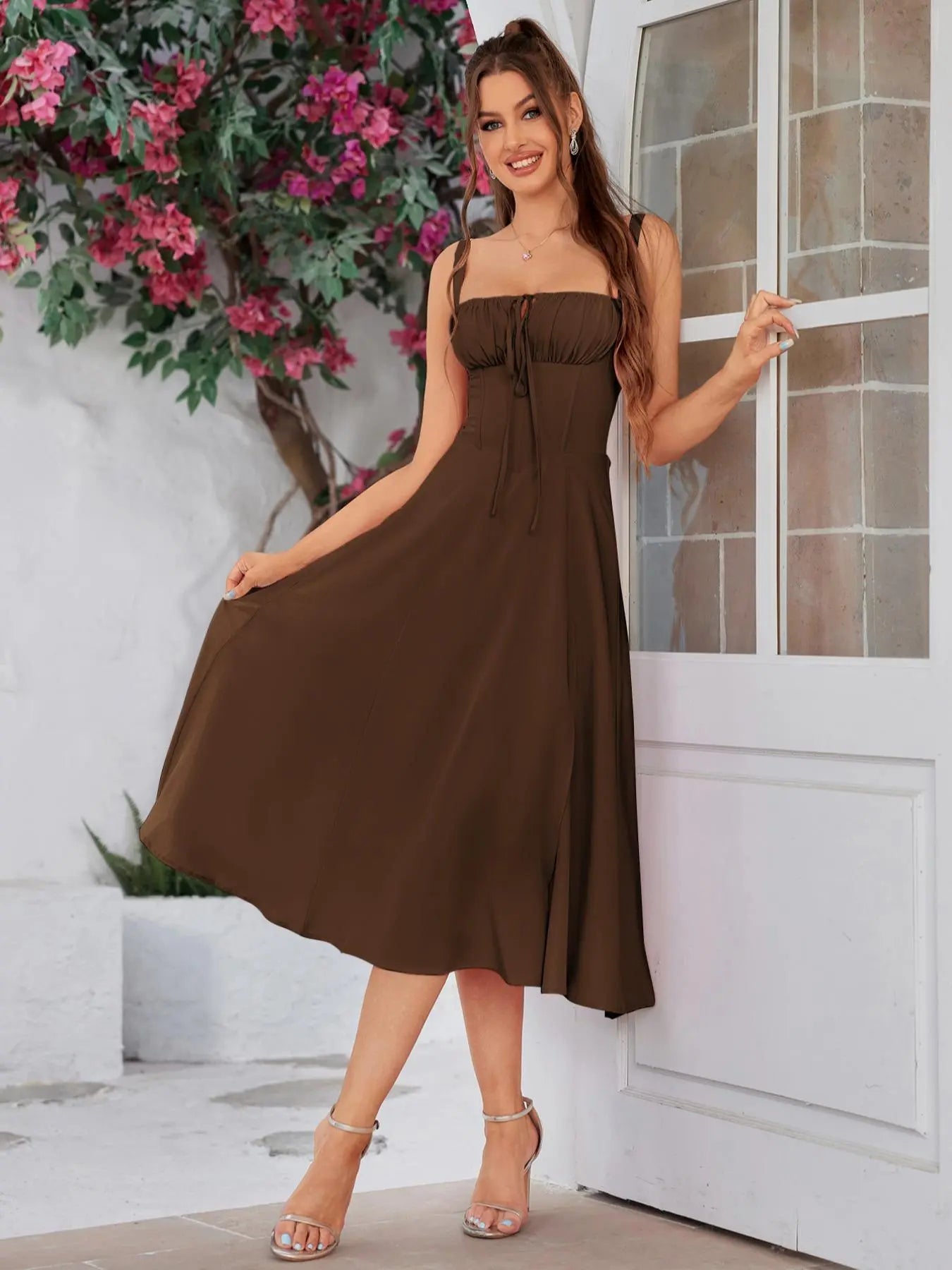 Women's Plain Ruched Boning Corset Milkmaid Dress